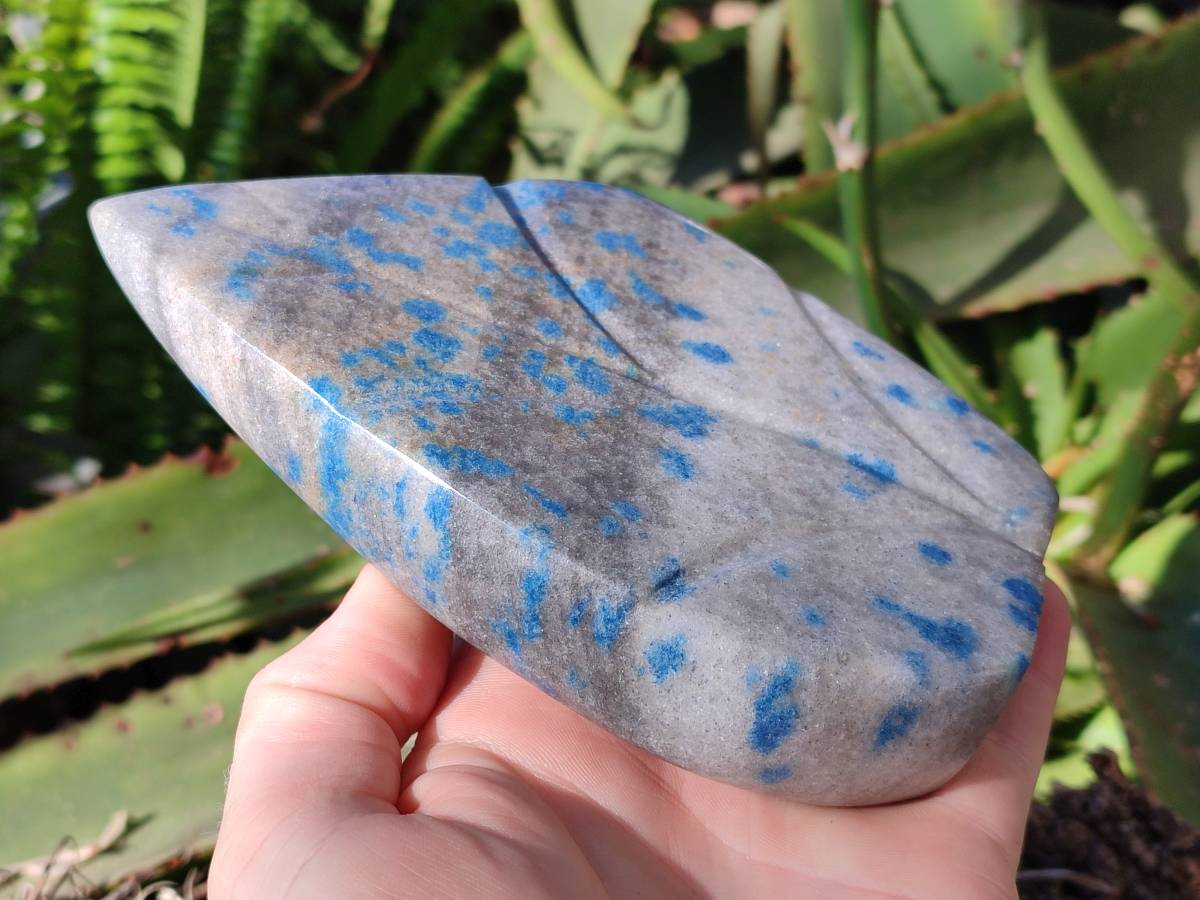 Polished Blue Spinel Spotted Standing Leaf Sculptures x 2 From Madagascar - Toprock Gemstones and Minerals 