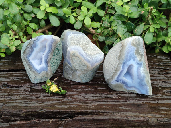 Polished Blue Lace Agate Stranding Free Forms x 3 From Malawi