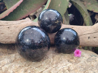 Polished Blue Spark Iolite Spheres x 3 From Ambatofinandrahana, Madagascar
