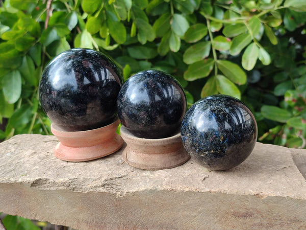Polished Blue Spark Iolite Spheres x 3 From Ambatofinandrahana, Madagascar