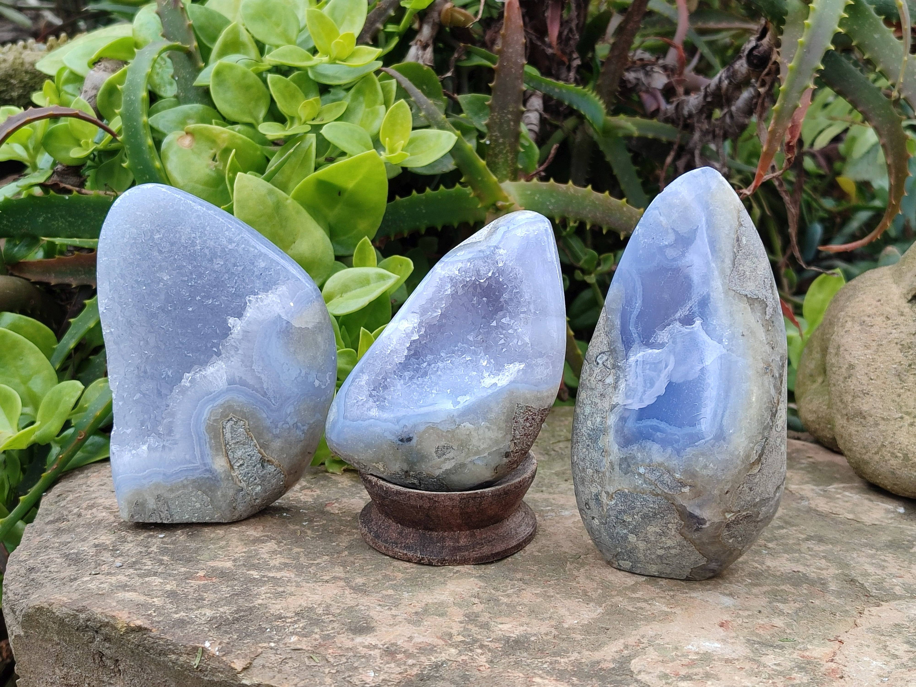 Polished Blue Lace Agate Standing Free Forms x 3 From Malawi - Toprock Gemstones and Minerals 