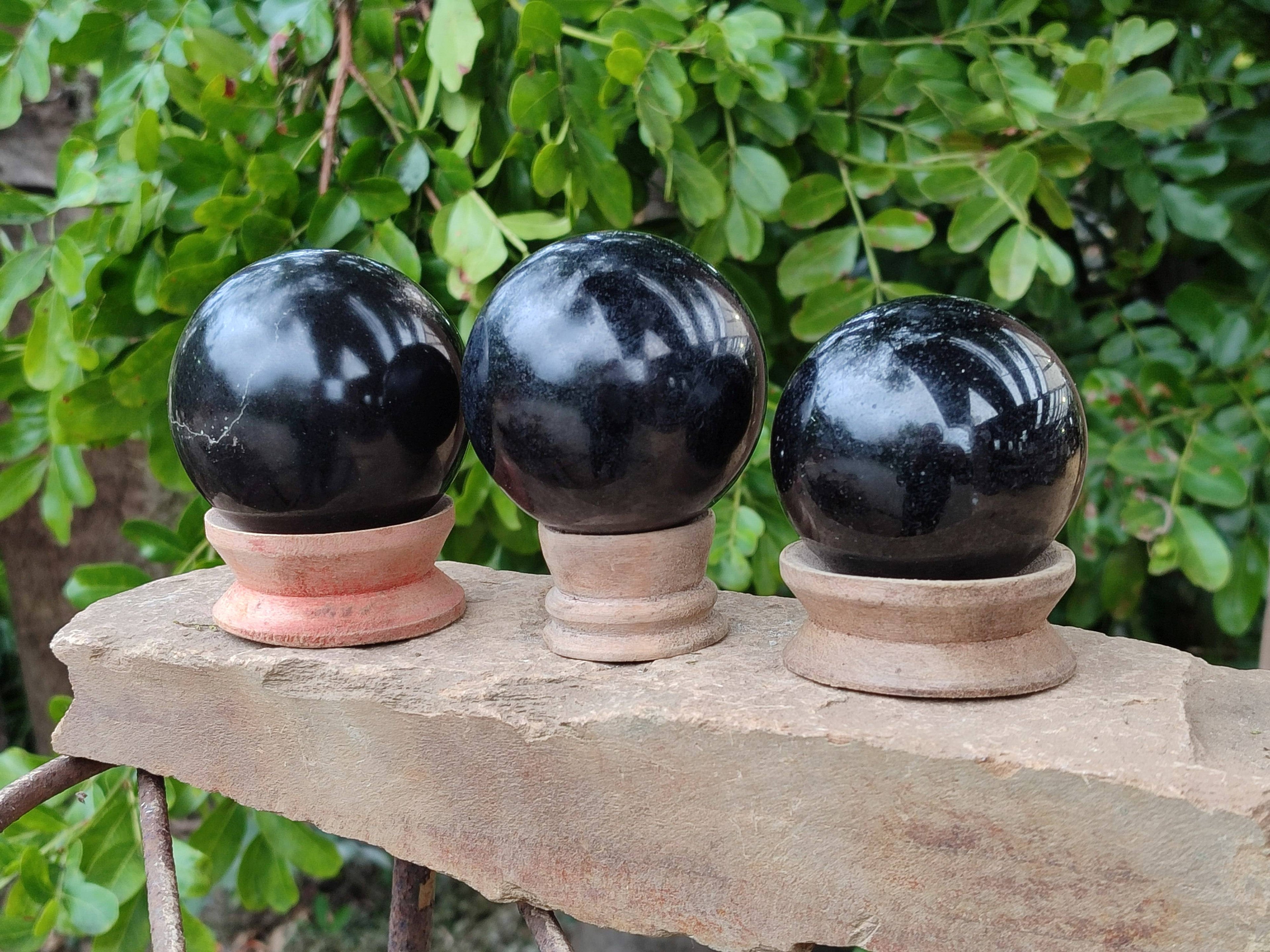 Polished Black Basalt Spheres x 3 From Antsirabe, Madagascar - Toprock Gemstones and Minerals 