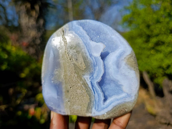 Polished Blue Lace Agate Standing Free Forms x 3 From Malawi