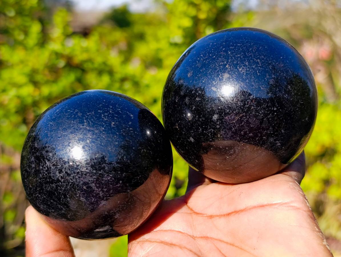Polished Black Tourmaline Spheres x 3 From Madagascar - Toprock Gemstones and Minerals 