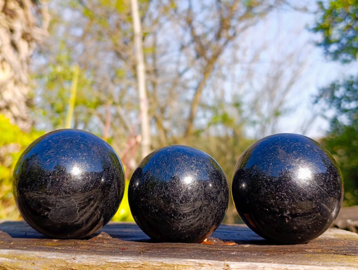 Polished Black Tourmaline Spheres x 3 From Madagascar - Toprock Gemstones and Minerals 