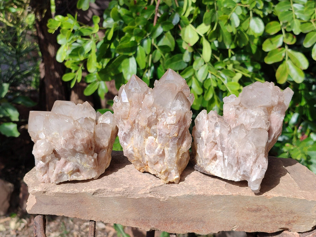 Natural Phantom Smokey Quartz Clusters x 3 From Luena, Congo - Toprock Gemstones and Minerals 