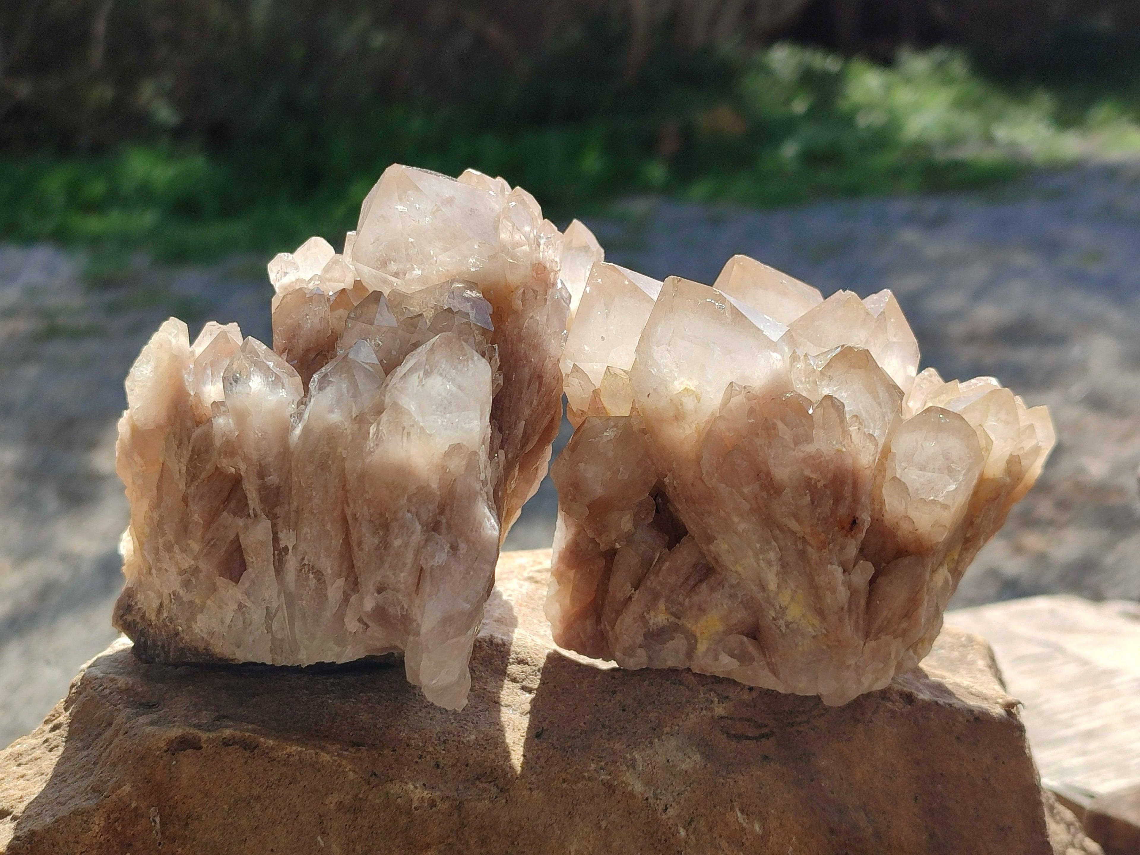 Natural Phantom Smokey Quartz Clusters x 3 From Luena, Congo - Toprock Gemstones and Minerals 