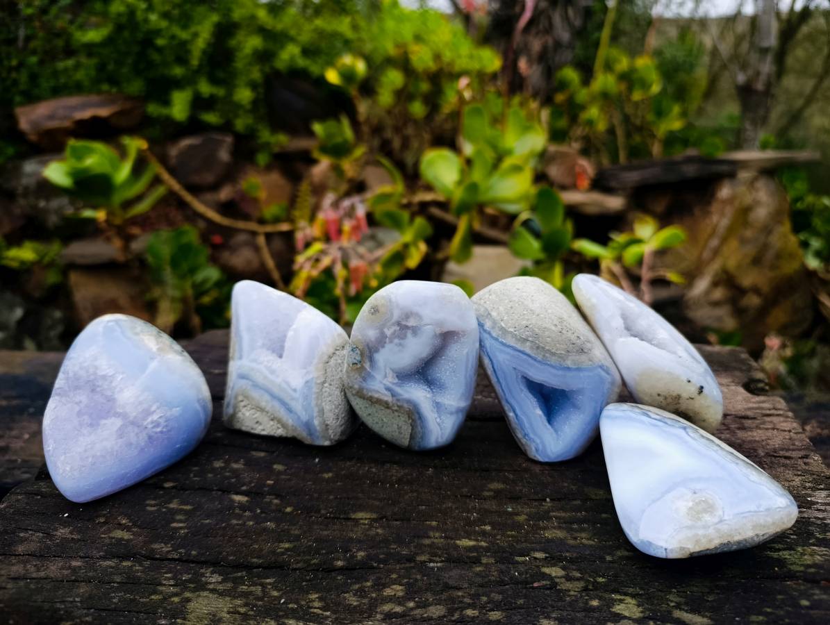 Polished Blue Lace Agate Standing Free Forms x 6 From Malawi - Toprock Gemstones and Minerals 