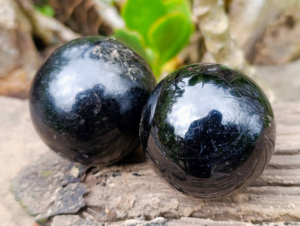 Polished Black Tourmaline Spheres x 3 From Madagascar - Toprock Gemstones and Minerals 