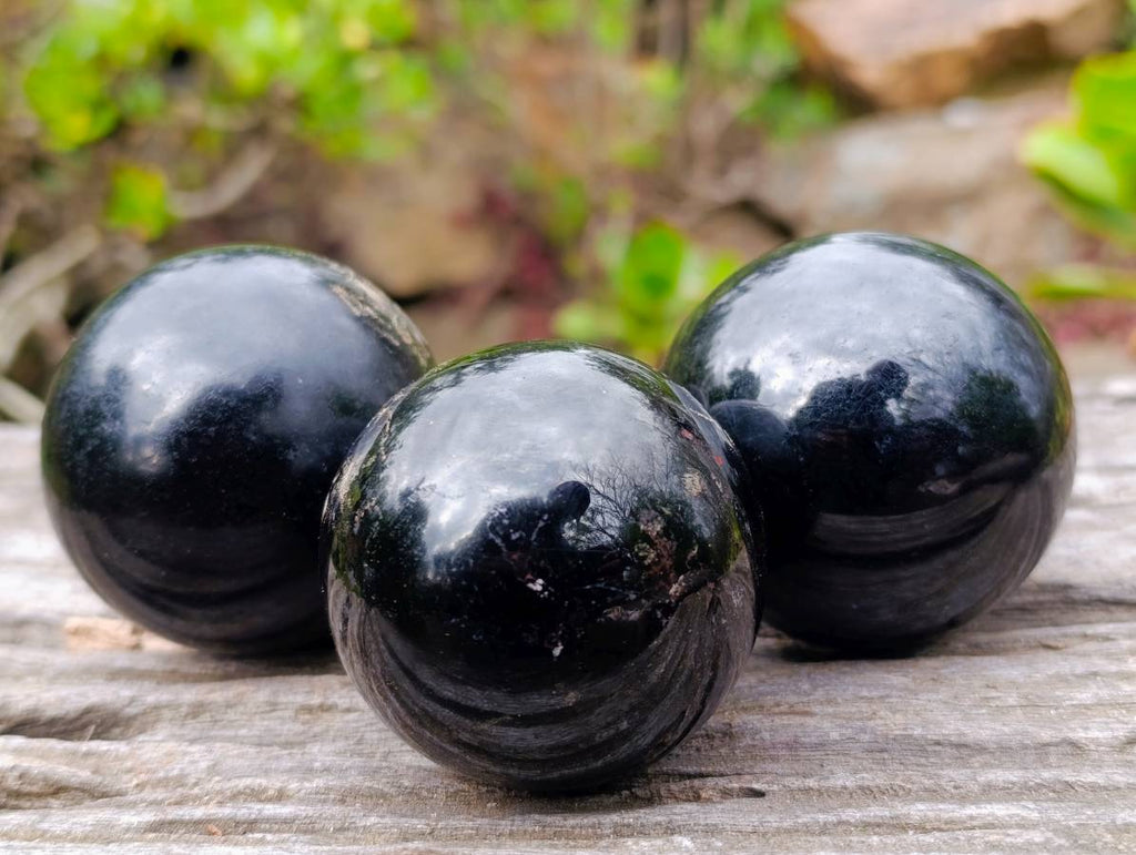 Polished Black Tourmaline Spheres x 3 From Madagascar - Toprock Gemstones and Minerals 