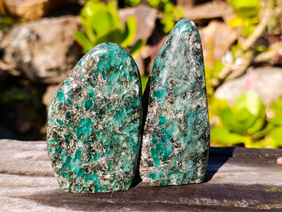 Polished Emerald Mica 'Mutokolite' Standing Free Forms x 3 From Mutoko, Zimbabwe - Toprock Gemstones and Minerals 