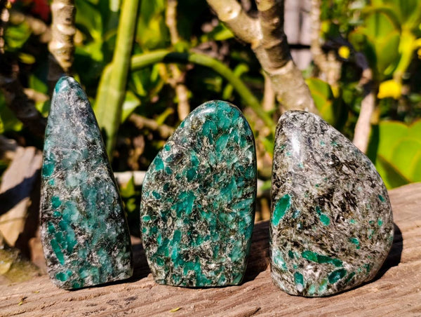 Polished Emerald Mica 'Mutokolite' Standing Free Forms x 3 From Mutoko, Zimbabwe - Toprock Gemstones and Minerals 