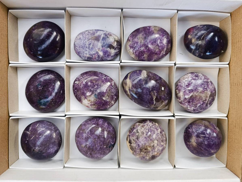 Polished Lepidolite with Pink Rubellite Palm Stones x 12 From Ambatondrazaka, Madagascar - Toprock Gemstones and Minerals 