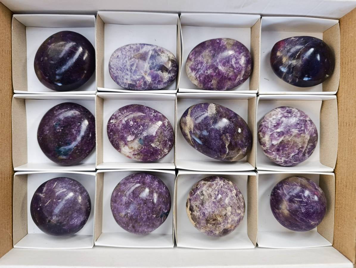 Polished Lepidolite with Pink Rubellite Palm Stones x 12 From Ambatondrazaka, Madagascar - Toprock Gemstones and Minerals 