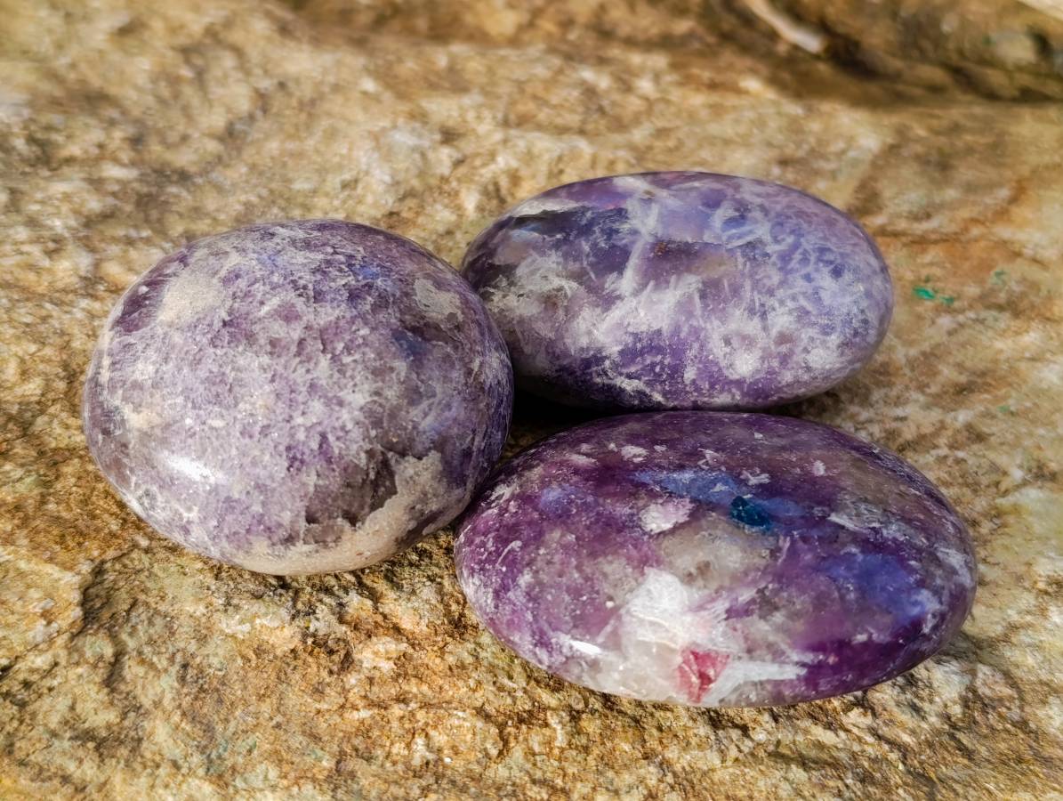 Polished Lepidolite with Pink Rubellite Palm Stones x 12 From Ambatondrazaka, Madagascar - Toprock Gemstones and Minerals 