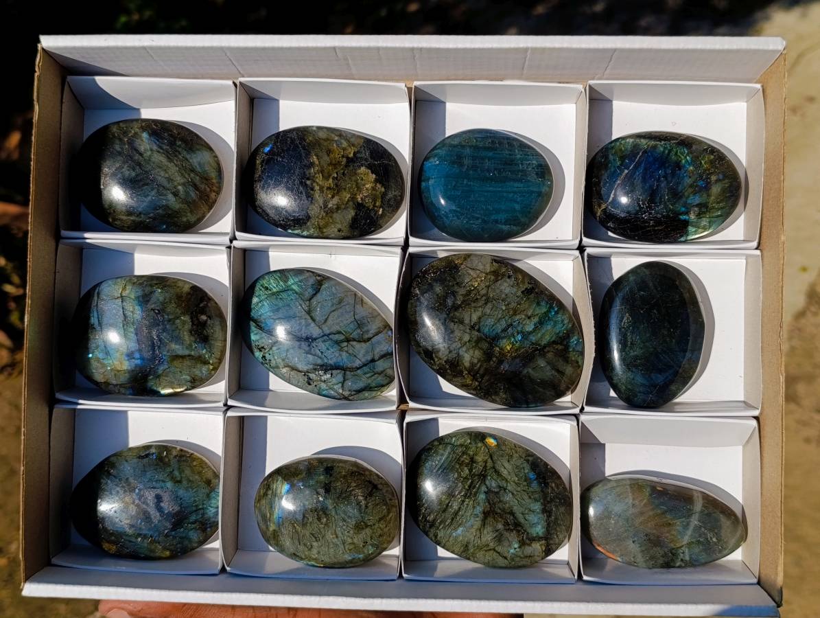 Polished Labradorite Palm Stones x 12 From Tulear, Madagascar - Toprock Gemstones and Minerals 