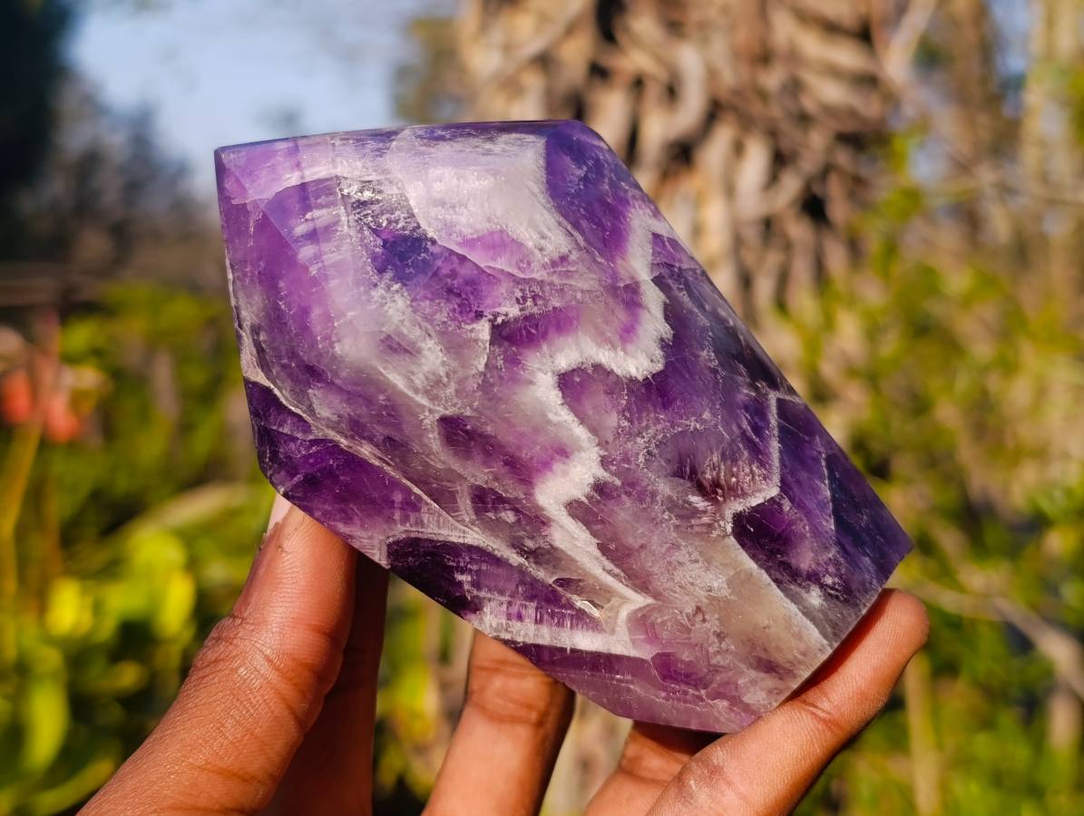 Polished Chevron Amethyst Points x 3 From Zambia - Toprock Gemstones and Minerals 
