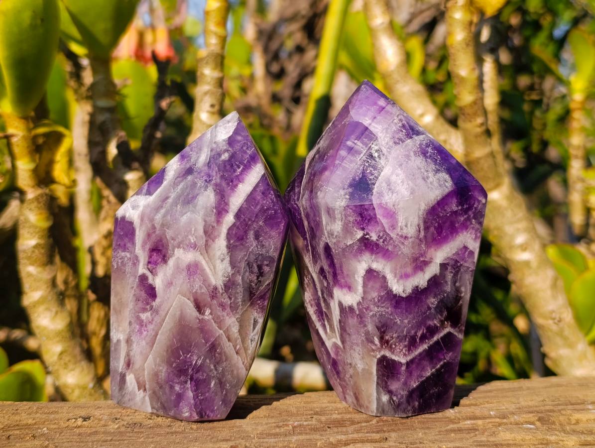 Polished Chevron Amethyst Points x 3 From Zambia - Toprock Gemstones and Minerals 