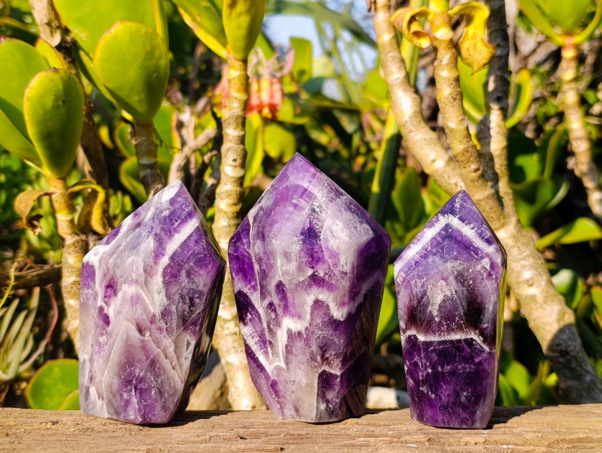 Polished Chevron Amethyst Points x 3 From Zambia - Toprock Gemstones and Minerals 