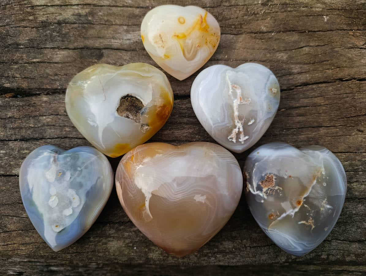 Polished Banded Agate Hearts x 6 From Madagascar - Toprock Gemstones and Minerals 