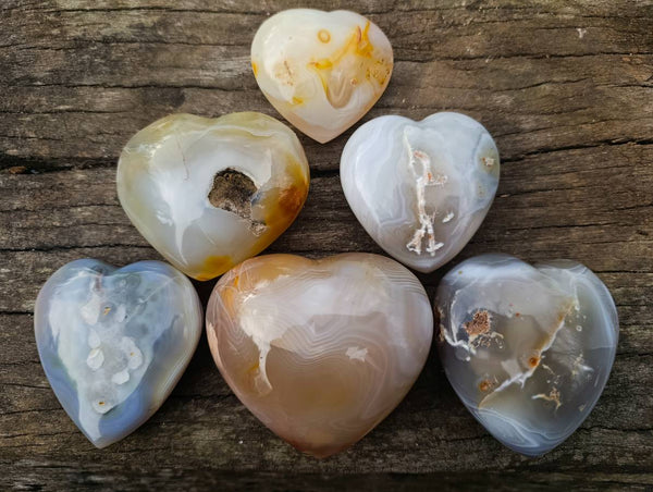 Polished Banded Agate Hearts x 6 From Madagascar