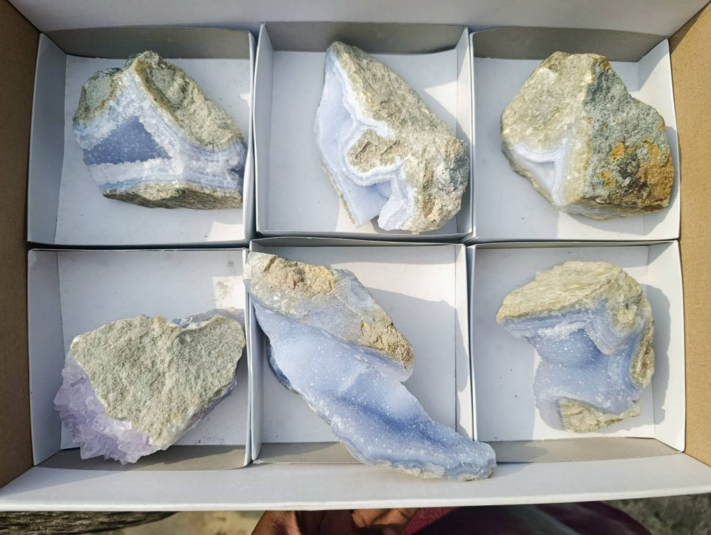 Natural Blue Lace Agate Geode Specimens x 6 From Malawi - Toprock Gemstones and Minerals 