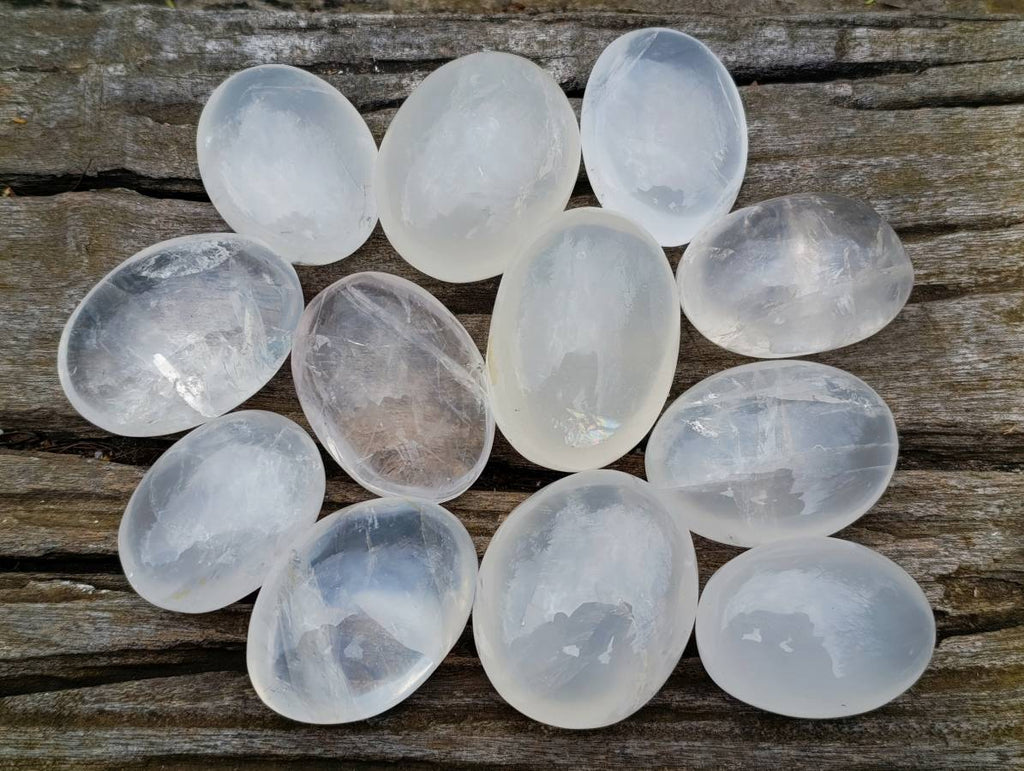 Polished Girasol Pearl Quartz Palm Stones x 12 From Ambatondrazaka, Madagascar - Toprock Gemstones and Minerals 