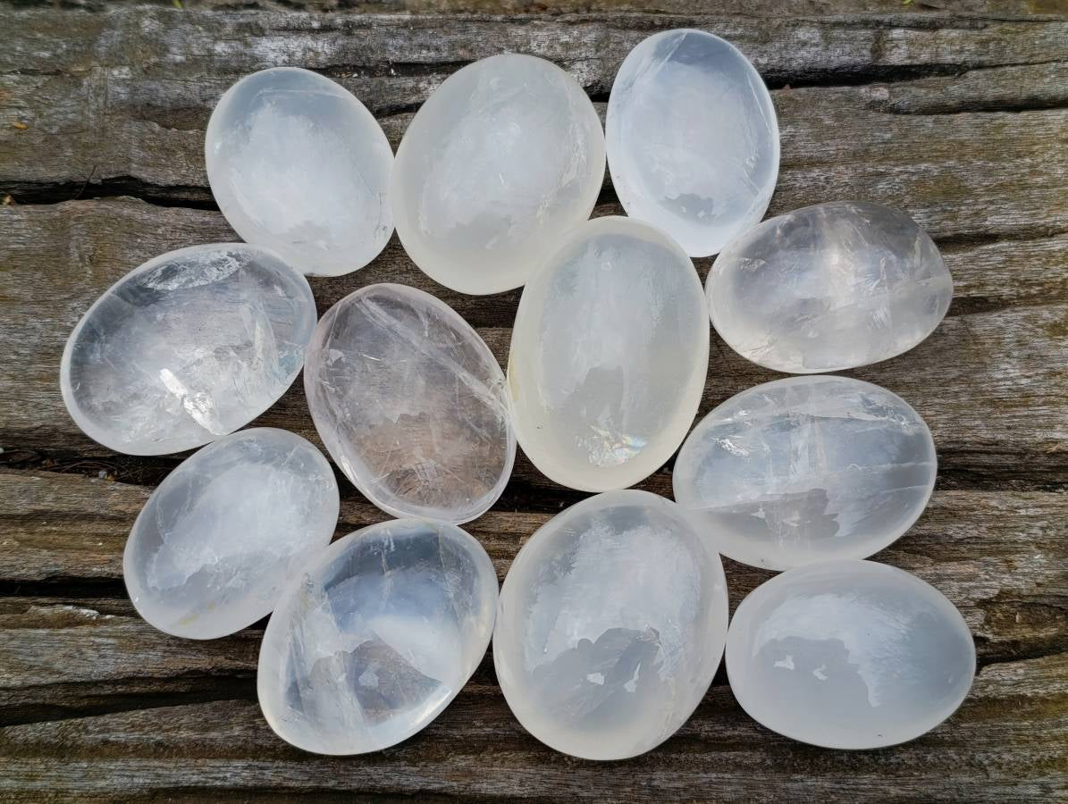 Polished Girasol Pearl Quartz Palm Stones x 12 From Ambatondrazaka, Madagascar - Toprock Gemstones and Minerals 