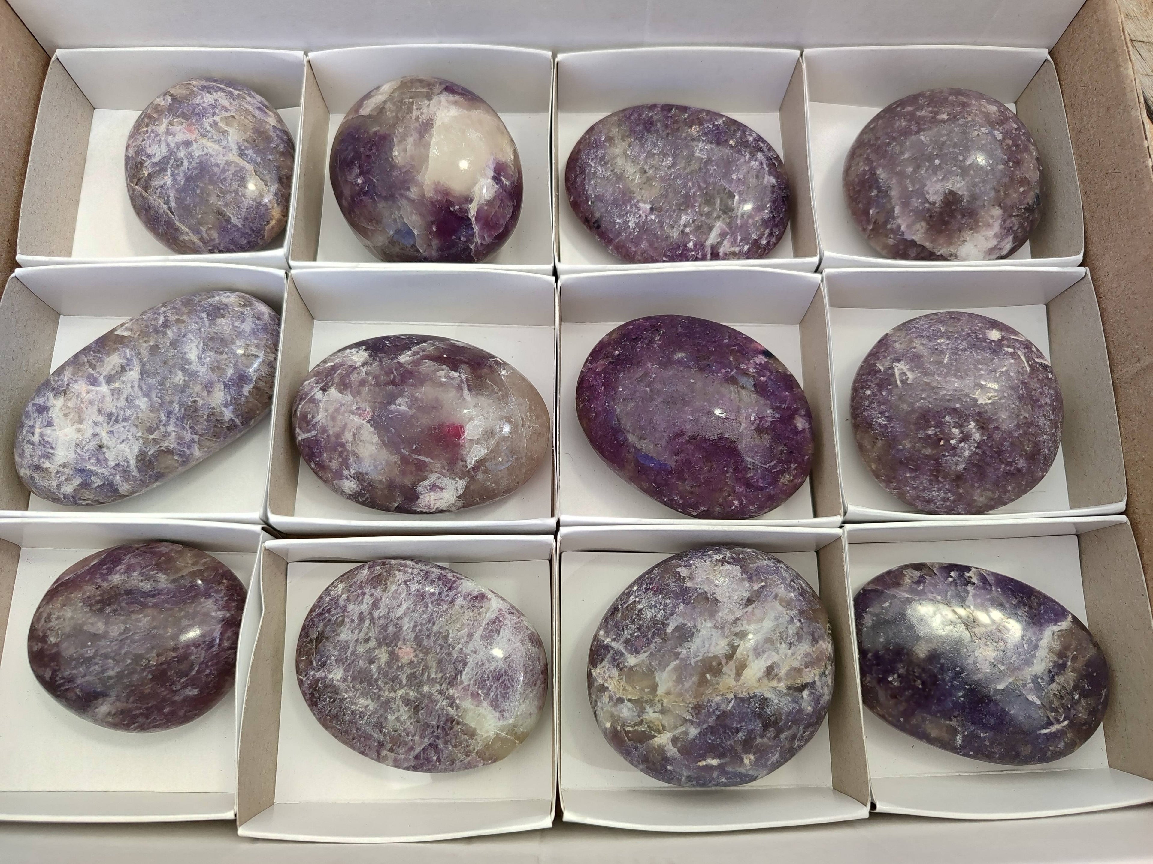 Polished Lepidolite with Pink Rubellite Palm Stones x 12 From Ambatondrazaka, Madagascar - Toprock Gemstones and Minerals 