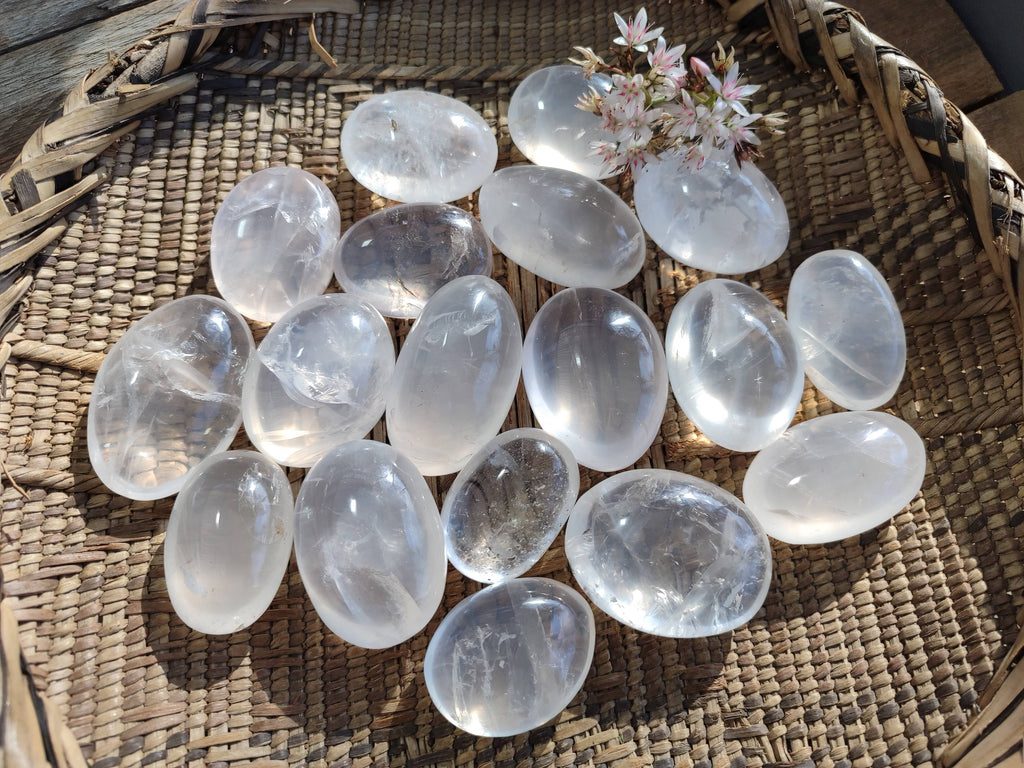 Polished Girasol Pearl Quartz Palm Stones x 24 From Ambatondrazaka, Madagascar - Toprock Gemstones and Minerals 