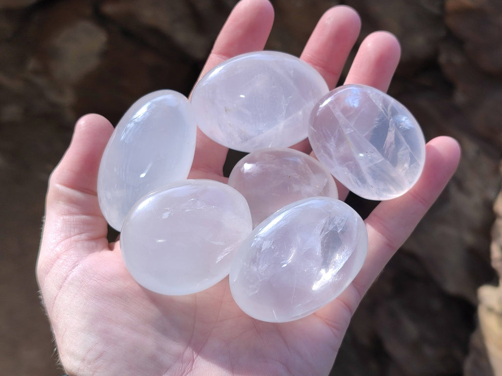 Polished Girasol Pearl Quartz Palm Stones x 24 From Ambatondrazaka, Madagascar - Toprock Gemstones and Minerals 