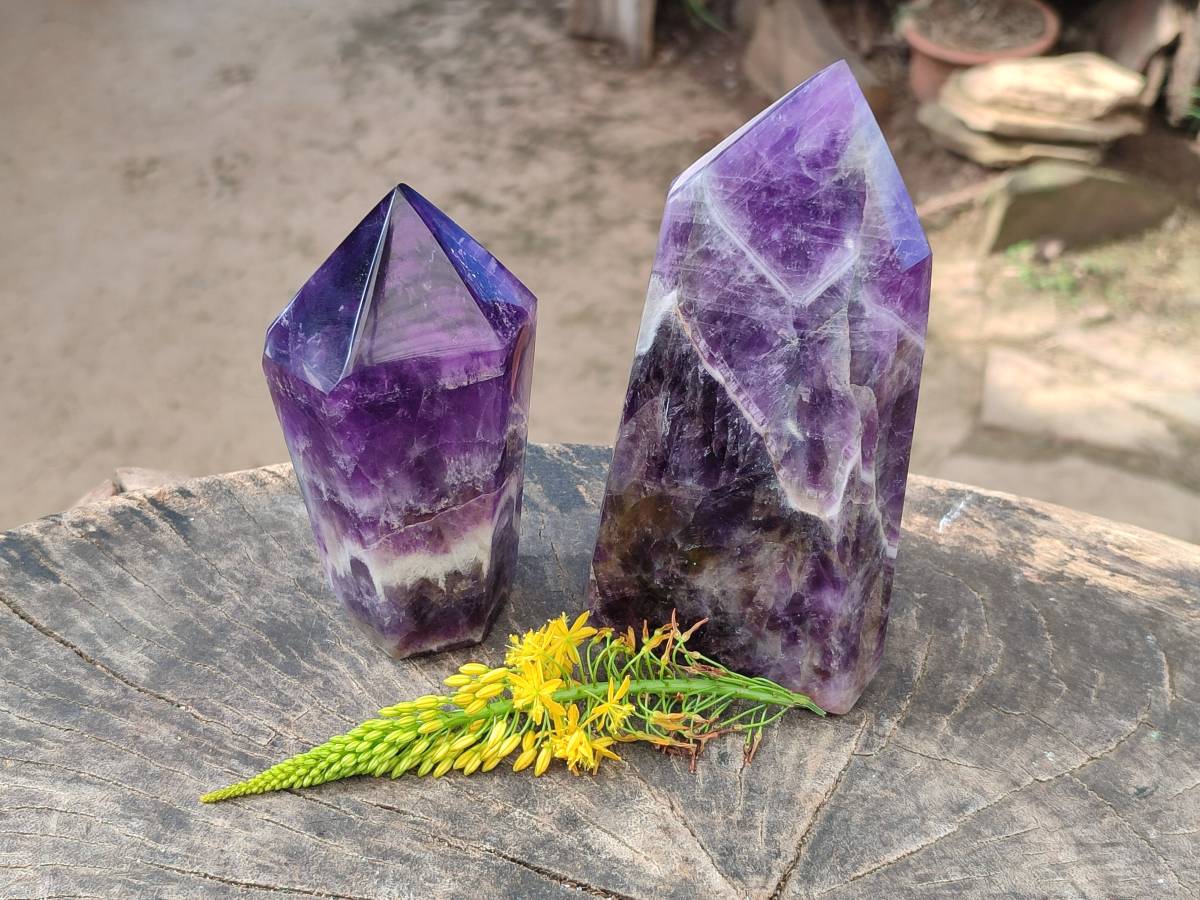 Polished Chevron Amethyst Points x 2 From Zambia - Toprock Gemstones and Minerals 