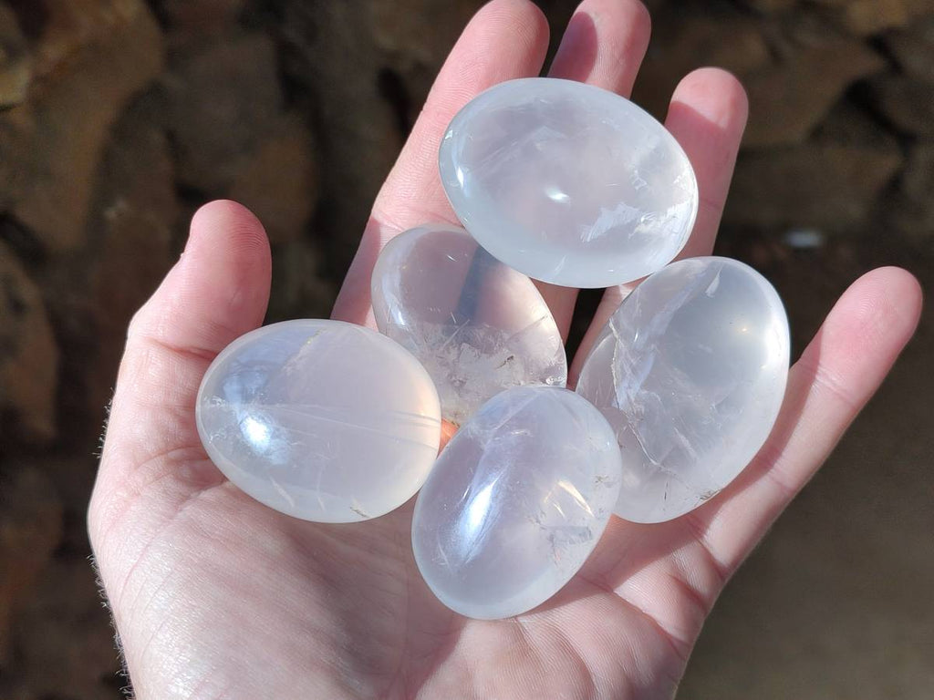 Polished Girasol Pearl Quartz Palm Stones x 20 From Ambatondrazaka, Madagascar - Toprock Gemstones and Minerals 