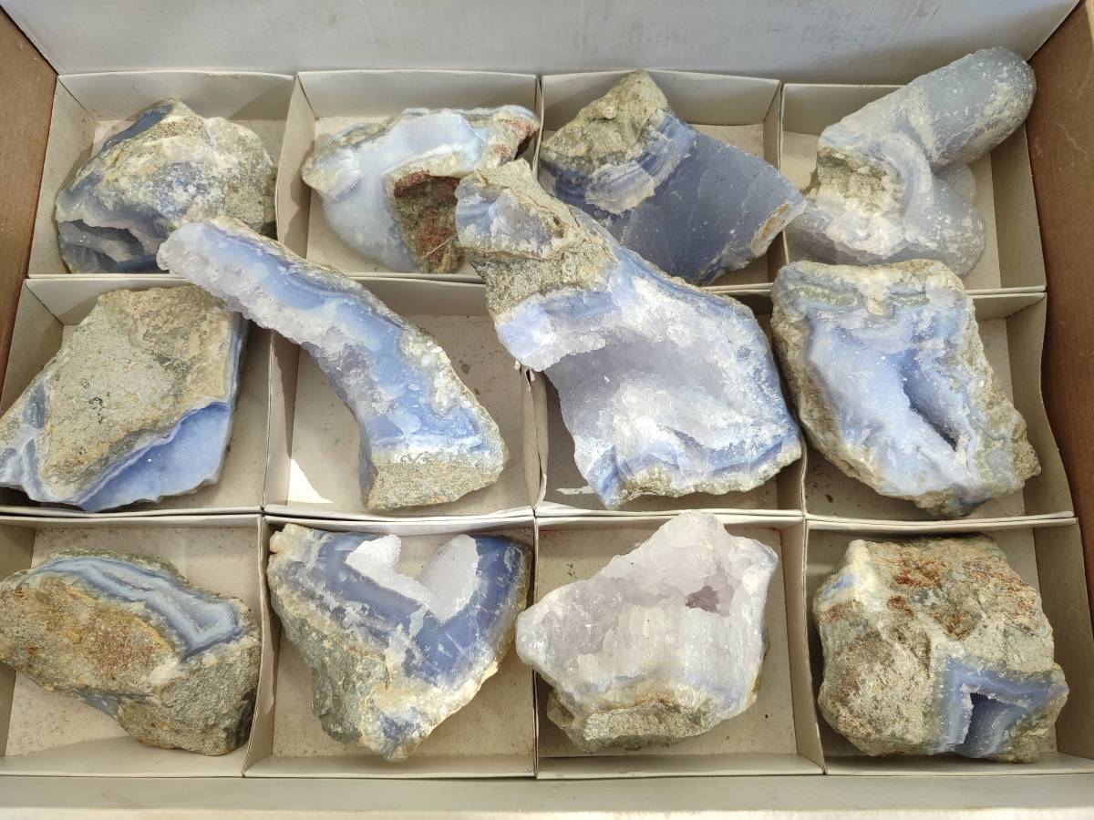Natural Blue Lace Agate Geode Specimens x 12 From Malawi - Toprock Gemstones and Minerals 