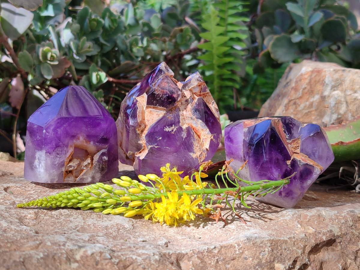 Polished Window Amethyst Crystals x 3 From Madagascar - Toprock Gemstones and Minerals 