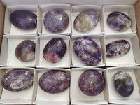 Polished Lepidolite With Pink Rubellite Palm Stones x 12 From Ambatondrazaka, Madagascar