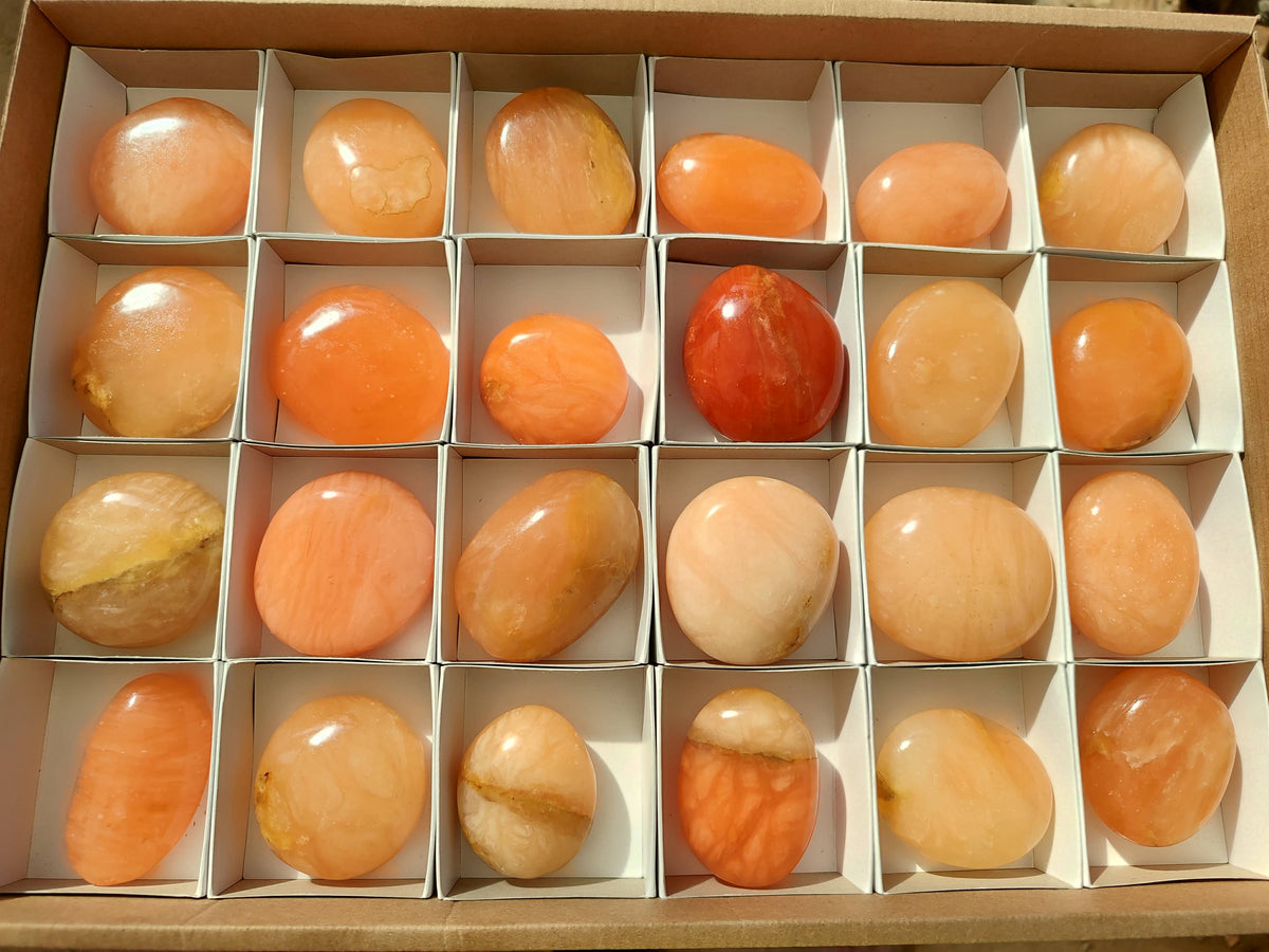Polished Orange Twist Calcite Palm Stones x 24 From Madagascar - Toprock Gemstones and Minerals 