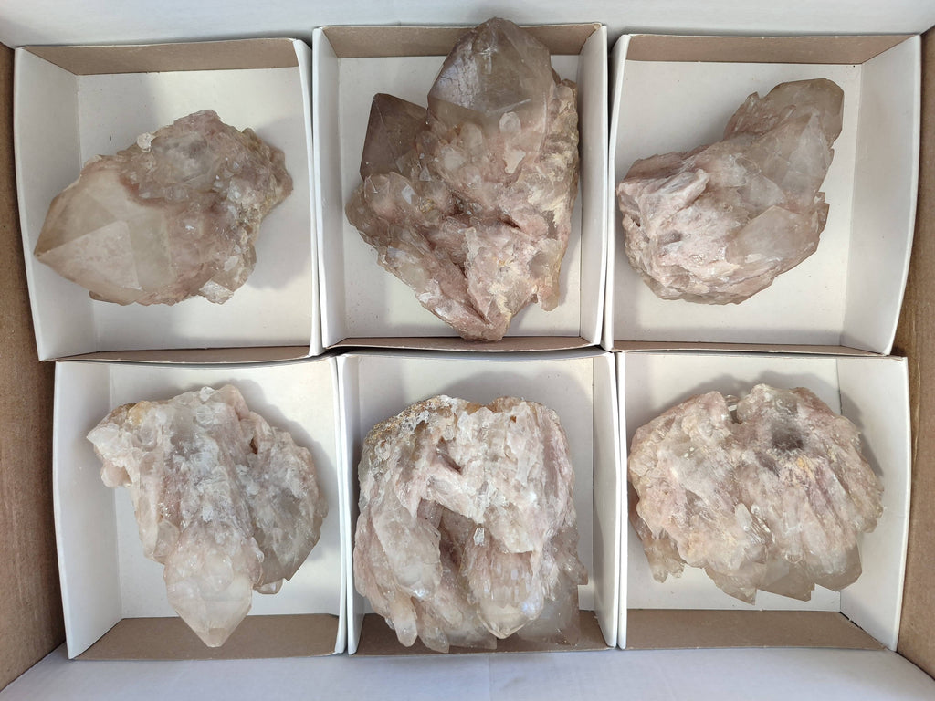 Natural Smokey Phantom Quartz Clusters x 6 From Luena, Congo - Toprock Gemstones and Minerals 