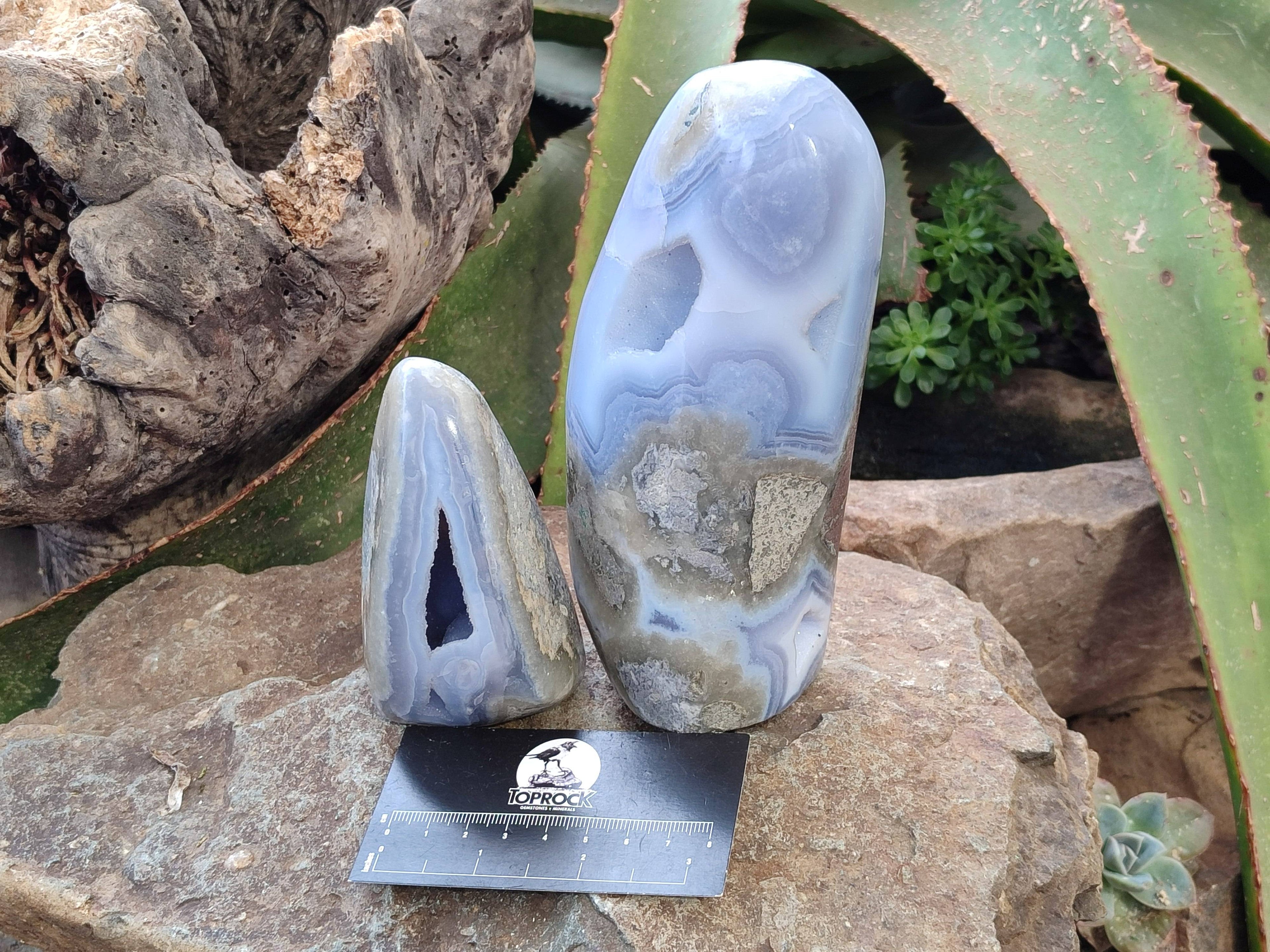 Polished Blue Lace Agate Standing Free Forms x 2 From Nsanje, Malawi - Toprock Gemstones and Minerals 