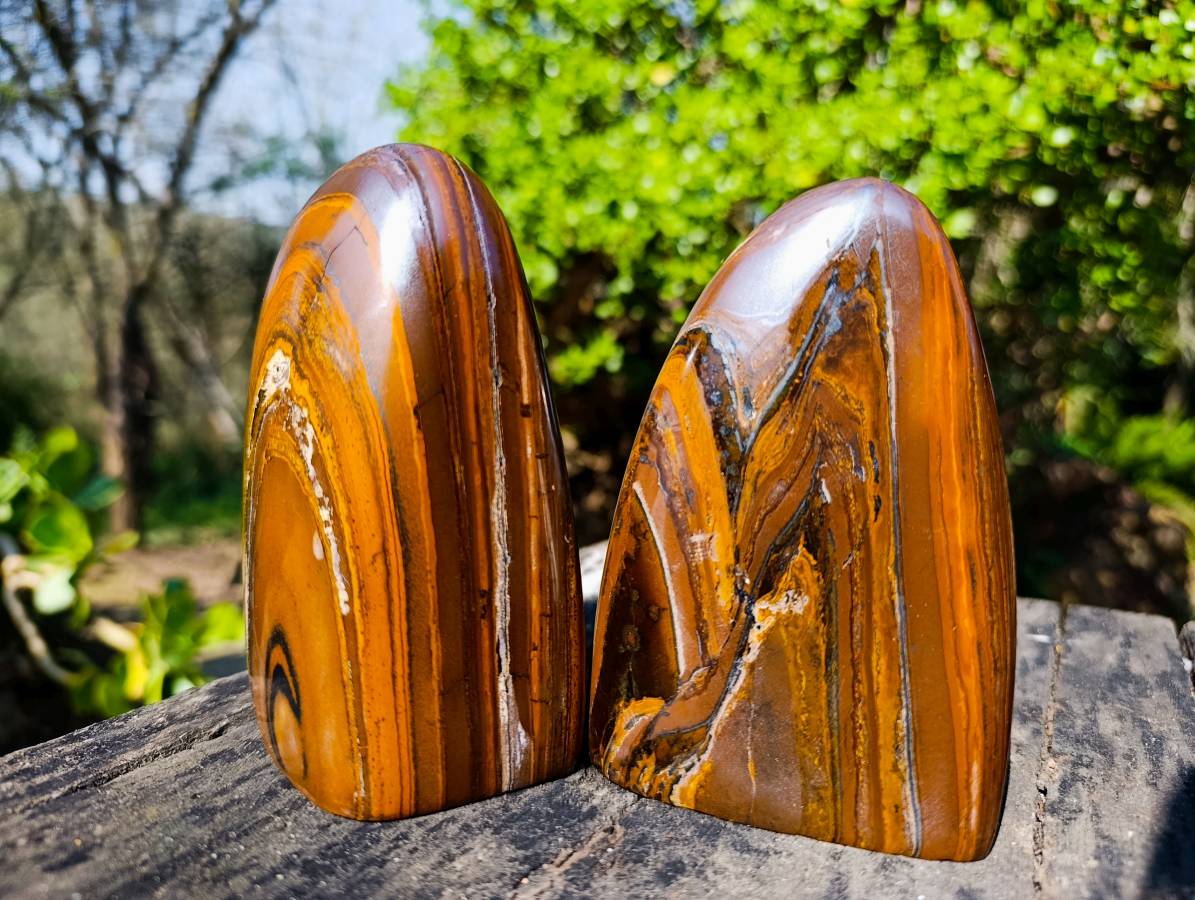 Polished Banded Tiger Iron with Tigers Eye Standing Free Forms x 3 From South Africa - Toprock Gemstones and Minerals 