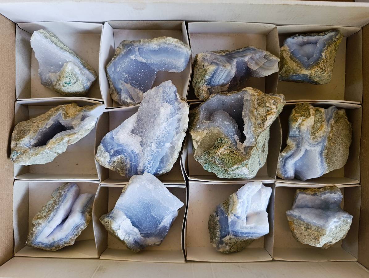 Natural Blue Lace Agate Geode Specimens x 12 From Malawi - Toprock Gemstones and Minerals 