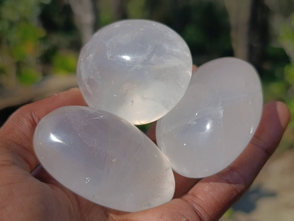 Polished Girasol Pearl Quartz Palm Stones x 12 From Ambatondrazaka, Madagascar - Toprock Gemstones and Minerals 