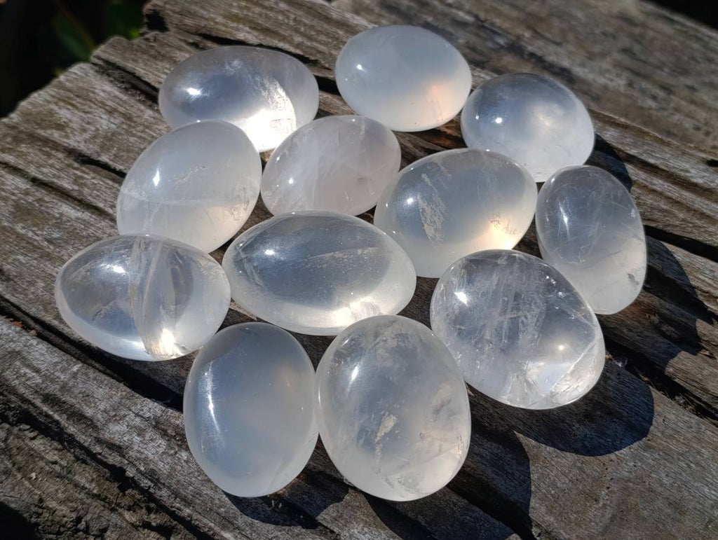 Polished Girasol Pearl Quartz Palm Stones x 12 From Ambatondrazaka, Madagascar - Toprock Gemstones and Minerals 