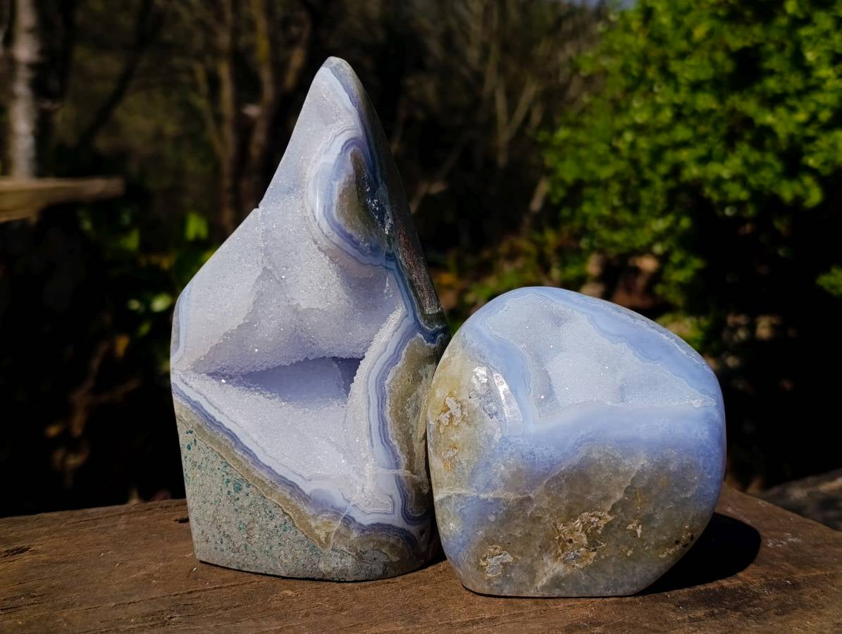 Polished Blue Lace Agate Standing Free Forms x 2 From Malawi - Toprock Gemstones and Minerals 