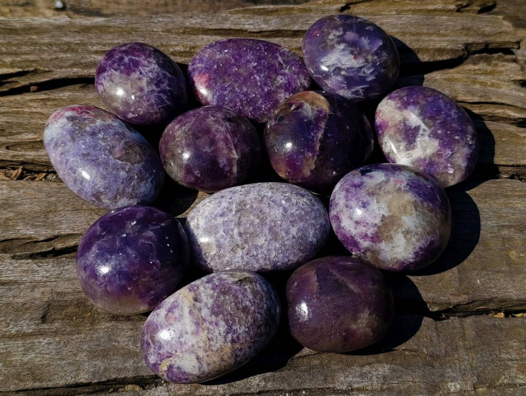 Polished Lepidolite with Pink Rubellite Palm Stones x 12 From Ambatondrazaka, Madagascar - Toprock Gemstones and Minerals 