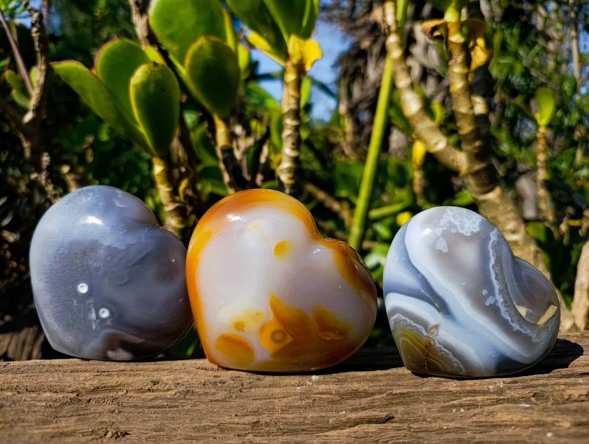 Polished Agate Hearts x 3 From Madagascar - Toprock Gemstones and Minerals 
