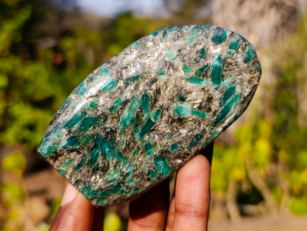 Polished Emerald Mica 'Mutokolite' Standing Free Forms x 3 From Mutoko, Zimbabwe