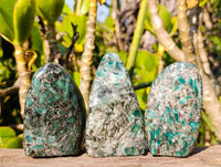 Polished Emerald Mica 'Mutokolite' Standing Free Forms x 3 From Mutoko, Zimbabwe