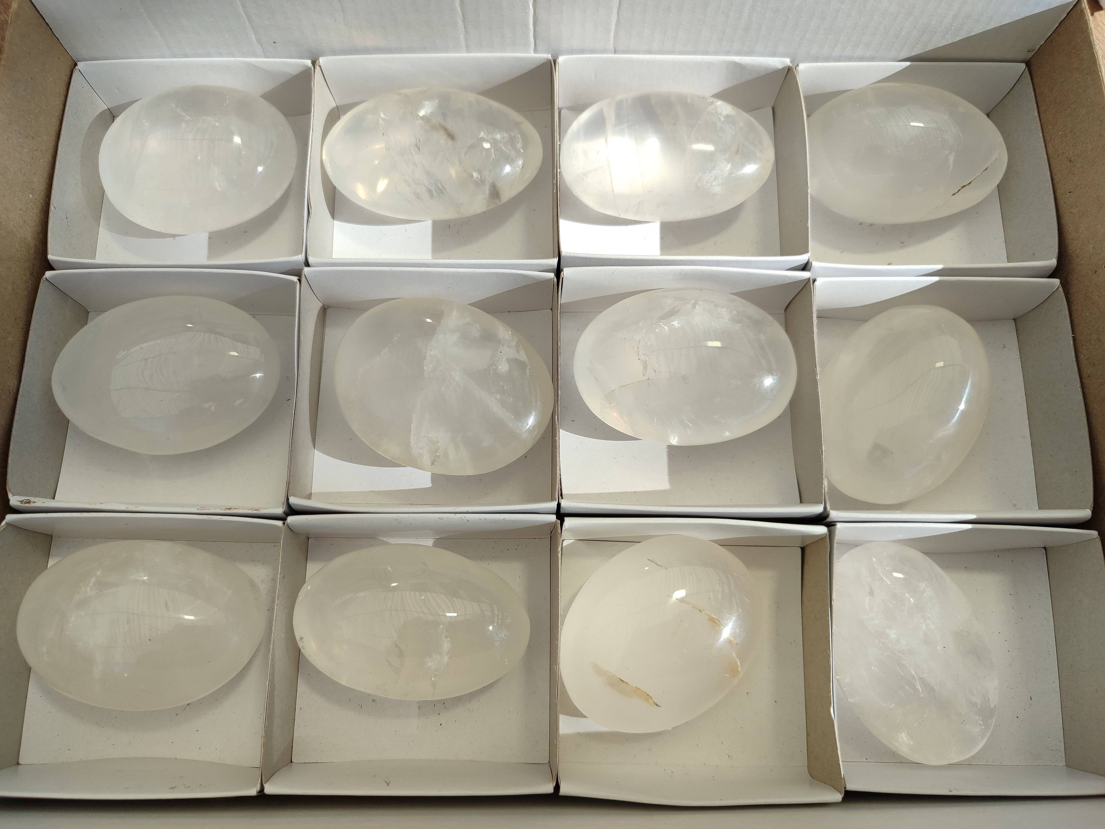 Polished Girasol Pearl Quartz Palm Stones x 12 From Ambatondrazaka, Madagascar - Toprock Gemstones and Minerals 