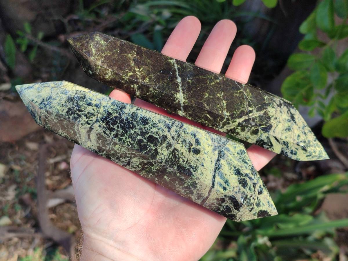 Polished Leopard Stone Double Terminated Points x 3 From Zimbabwe - Toprock Gemstones and Minerals 
